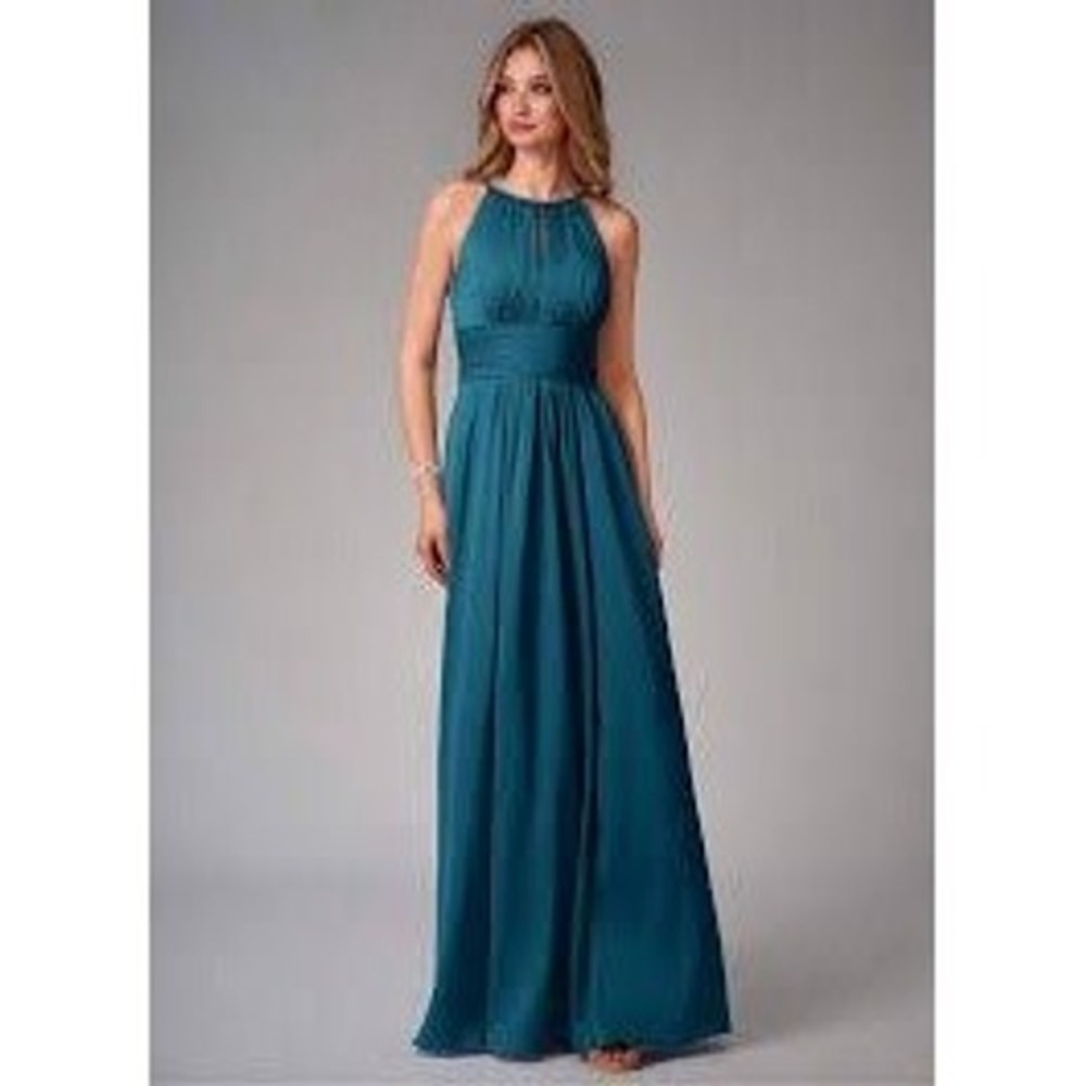 Azazie Bonnie Bridesmaid Dress Peacock Blue Chiffon Halter Maxi Formal Gown